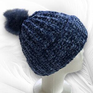 Handmade Blue Velvet Knit Beanie with Pom Pom Soft Winter Hat